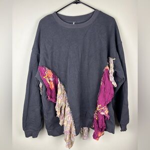 Free People Charcoal Crewneck Sweater with Magenta Ruffle Panels
